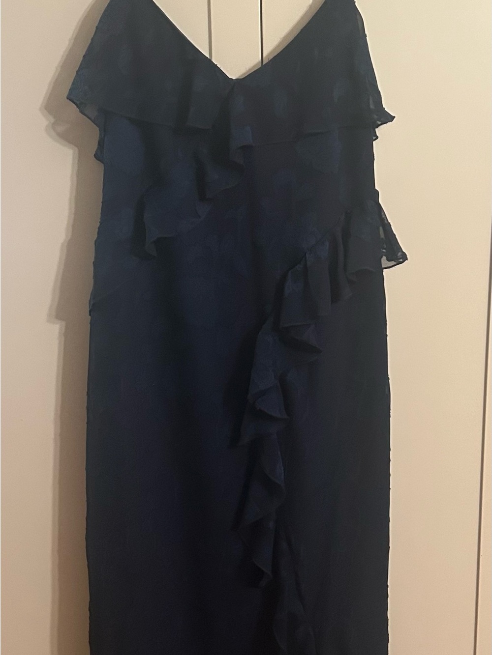 Elegant Strapless Navy Ruffle Midi Dress
